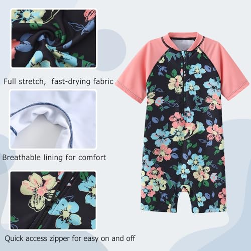 Image of Girls One Piece Rash Guard Swimsuits for Kids UPF 50+ Sun Protection Short Sleeve Swim Shirt