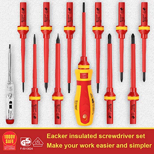 Eacker 1000V Insulated Screwdriver Set with Life-time Warranty Included,All-in-One Premium Professional 13-Pieces CR-V Magnetic Phillips Slotted Pozidriv Torx Screwdriver