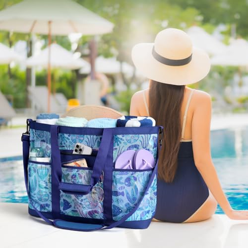 Image of Beach Bag, F-color Mesh Beach Bag Oversized Beach Tote 8 Pockets Beach Toy Bag Lightweight Beach Tote Bag for Women Picnic Travel