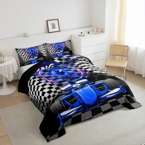 Image of Feelyou Kids Blue Race Car Duvet Insert Queen Size, Racing Car Comforter Set Boys Girls Karting Road Bedding Set Teens Bedroom Decor 3Pcs