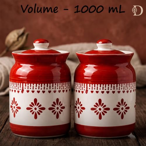 Image of D'Maiolica Pickle Jars in 1000ml (set of 2) | Handpainted Floral Pattern 1 kg Achaar Martban | Ceramic Container Set for Kitchen Storage (Pack of 2) (Majestic Red Blossom)