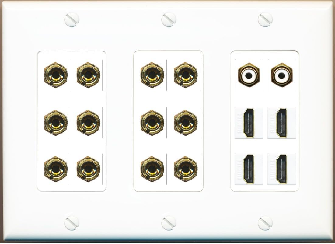 RiteAV 6.2 Surround Sound 6 Speaker 12 Banana Plug Jack Wall Plate w/ 2 RCA Subwoofer + 4 HDMI Female Connectors - 3 Gang [White]