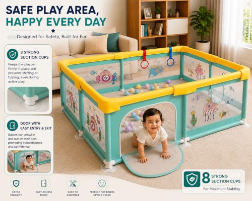 Image of MONSTECH Large Baby Playpen 150x180cm Pit Balls Playpen for Baby up to 5 Years with Anti-Fall Rings, Safety Lock, Breathable Mesh, Kids Activity Center Play Pen (Large-Green)
