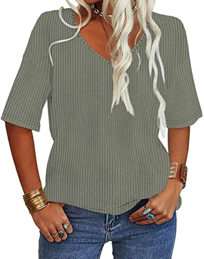 Danedvi Women Summer Casual V-Neck Half Sleeves Ribbed T Shirt Solid Loose Basic Tunic Tops