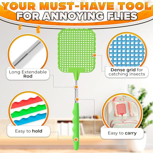 3-Pack Telescopic Fly Swatter Set – Durable and Lightweight Extendable Fly Swatter for Indoors and Outdoors, 3.1 x 3.9 Flexible Head, Non-Slip Ergonomic Rubber Handle, Compact Design for Easy Storage