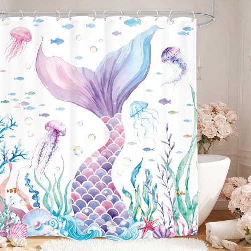 Glawry Ocean Mermaid Shower Curtain Cute Kids Sea Beach Underwater Cartoon Animals Sealife Bubble Jellyfish Bathroom Purple Blue 60Wx72L Inches Bath Accessories Art Home Decor Fabric 12 Pack Hook