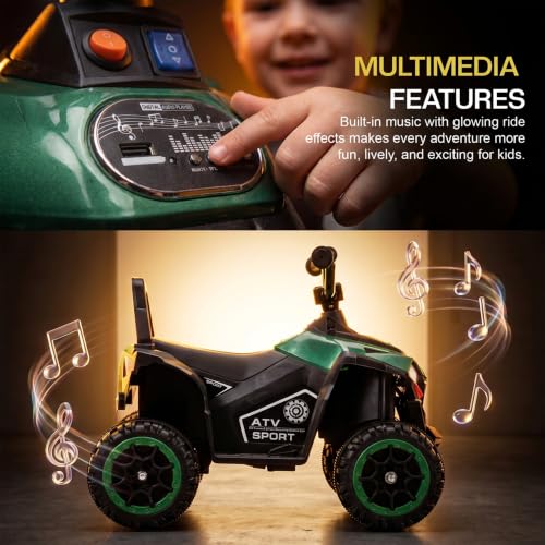 Image of Baybee Monstro Baby Electric Bike for Kids | Rechargeable Balance Bikes with LED Lights, USB, Music & Backrest | Beach ATV Dirt Bikes | 6V Battery Operated Kids Bike for 2-5 Years Boys Girls (Green)