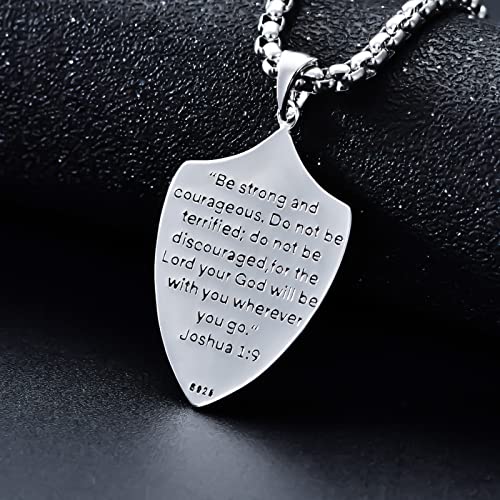 Sterling Silver Knights Templar Cross Joshua 1:9 Shield Pendant Necklace with 22+2 inch Stainless Steel Chain Men's Verse Bible Armor of God Necklace3