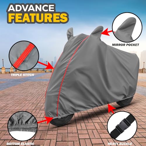 Image of TVS Ronin All Models 100% Waterproof Cover, Mirror Pocket Full Bottom Elastic Triple Stitch Heavy Duty Two Wheeler Cover Protect→ Rain, UV ray,dust,Tree Gum,Bird ding Easy wash-Grey