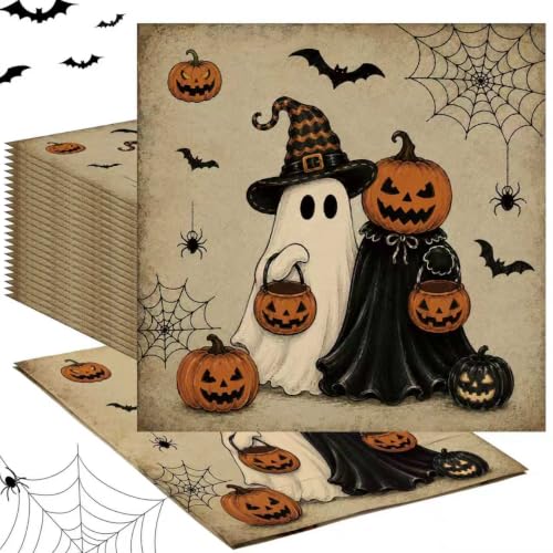 40 Pcs Halloween Napkins Paper, 3-Ply Vintage Halloween Cocktail Napkins, Disposable Retro Pumpkin Luncheon Ghost Napkin for Trick or Treat Spooky Helloween Party Supplies Table Decorations Birthday