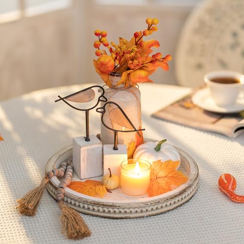 Hanobe Wood Decorative Tray Round: White Washed Bead Tray for Coffee Table Rustic Wooden Trays Decor Farmhouse Kitchen Counter Circle Tray Vintage Centerpiece for Living Room Home Bathroom Organizer - Image 5