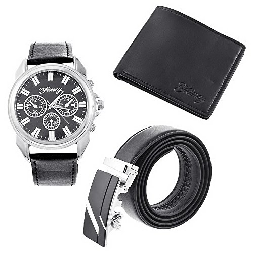 Preisvergleich Produktbild RainBabe Schwarz Herren Geschenkset mit Armbanduhr GeldbRSE G¨¹rtel Geschenkset f¨¹r Herren