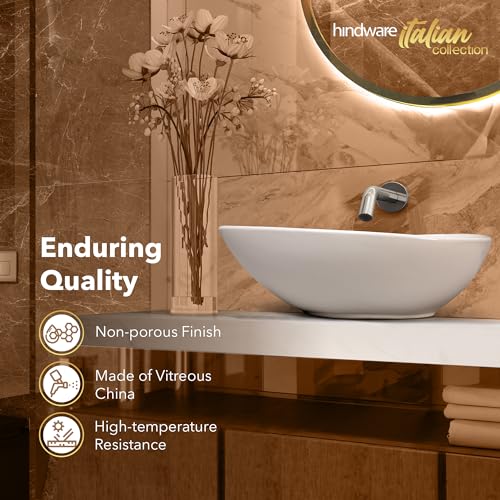 Image of Hindware Italian Collection Essence Table Top Wash Basin for Bathroom | Made of Ceramic | Star White | Oval Shape | Over the Counter Basin