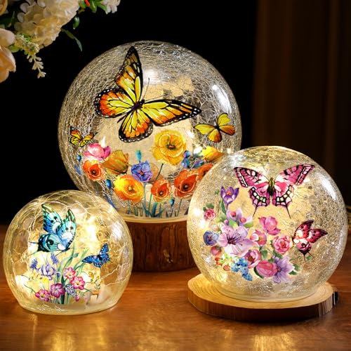 Image of 3pcs Spring Crackle Glass Ball Lights - Butterfly Ball Lamp Ornaments Indoor Globes Decorations LED Night Tabletop Decorative Sphere Lamp for Home Decor