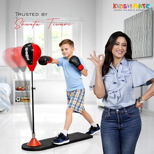 Image of Kidsmate Power Punch Boxing Punching Stand for Kids with Gloves & Pump | Adjustable Height Freestanding Punch Ball, Fitness Training Indoor Exercise Toy for Boys & Girls of Ages 3-15 yrs - Red /Black