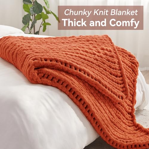 Negwoo Grobstrick-Überwurfdecke, 127,7 x 152,4 cm, gestricktes Chenille-Garn für Bett, Couch, handgefertigt, orange, gehäkelt… – Ansicht 5