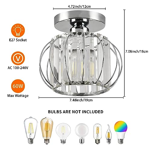 Zydtrip Crystals Ceiling Light Fixtures Chandelier, Small Semi Flush Mount Ceiling Light Fitting For Hallway Entrance Kitchen Bedroom Dining Rooms Living Rooms Bar (Silver) - 4