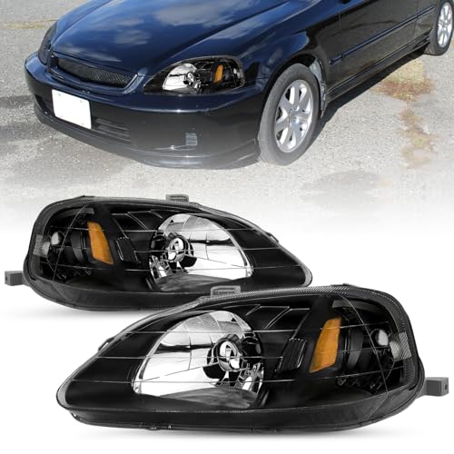 JSBOYAT Headlight Assembly Pair for 1999 2000 Honda Civic [Halogen Type] OE Style Headlamp Replacement L+R (Black Housing with Amber Reflector)