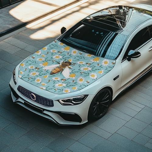 Image of Car Hood Cover Protector,Comfortable Breathable Print Polyester Hood Covers for Cars,Decoration Universal Car Accessories Bee Daisy