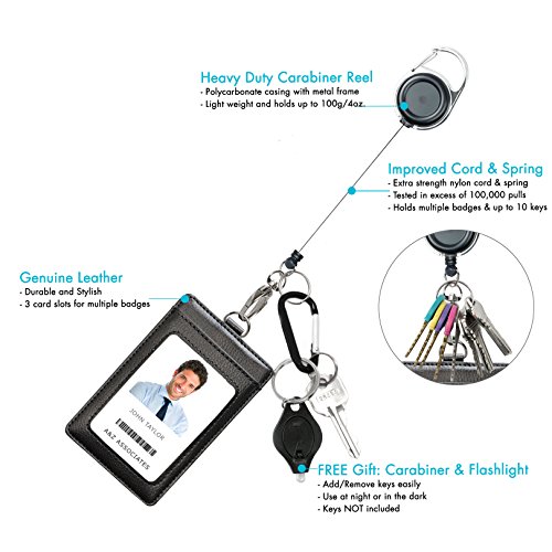 Genuine Leather ID Badge Holder Wallet with Heavy Duty Carabiner Retractable Reel, Key Ring and Metal Clip, 3 Card Pockets. Holds Multiple Cards & Keys. Bonus Key Chain Flashlight. Vertical. Black