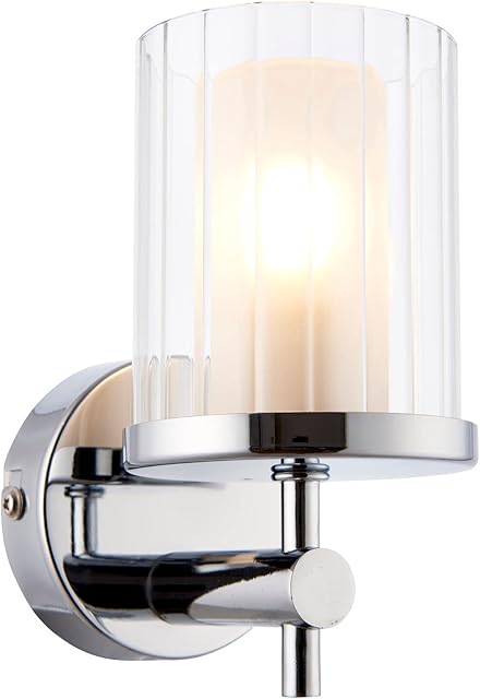 Blake Modern Chrome Bathroom Wall Light with Clear Rippled Glass Cylinder Shade IP44 Rated