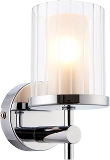 Blake Modern Chrome Bathroom Wall Light with Clear Rippled Glass Cylinder Shade IP44 Rated