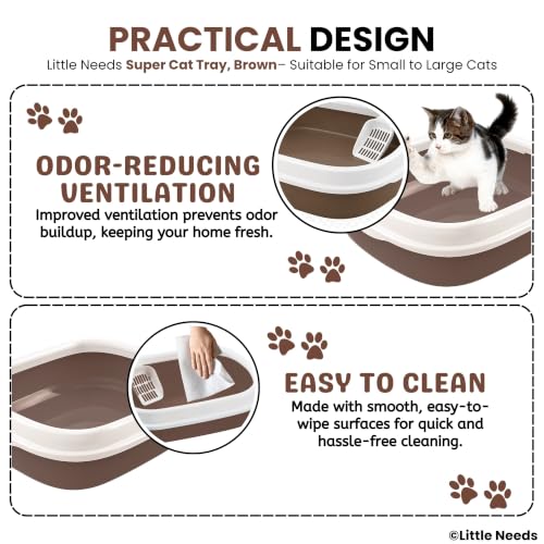 Image of Cat Litter Tray with Rim & Scooper (Brown, 46 x 38 x 13 cm) | Spacious Open Litter Box for Cats & Kittens | High Sides for Reduced Spills | Durable, Sturdy & Easy to Clean Toilet Tray
