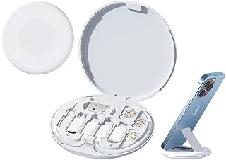navor 60W USB-C/USB-A/Micro-USB/Charging Cable Kit Slim Travel Organizer Storage Box, Sim Eject Pin, Phone Bracket, Sim Slots, Multi Charging Adapters Compatible for iPhone, Samsung, Tesla 3/Y & more -White