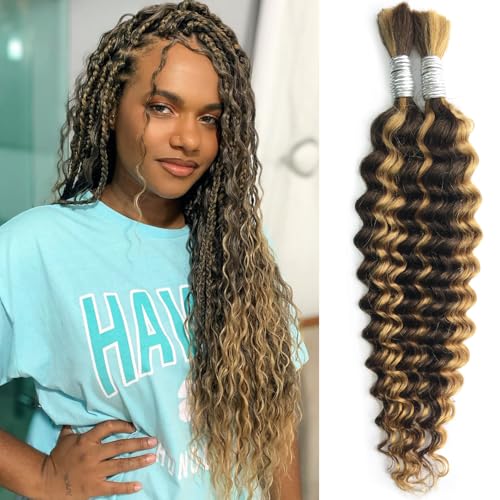 4/27 Human Braiding Hair For Boho Braids 16 Inch Deep Wave Bulk Human Hair Highlight Brown Human Hair For Braiding 100g Curly Human Hair Water Wave Human Hair For Braids