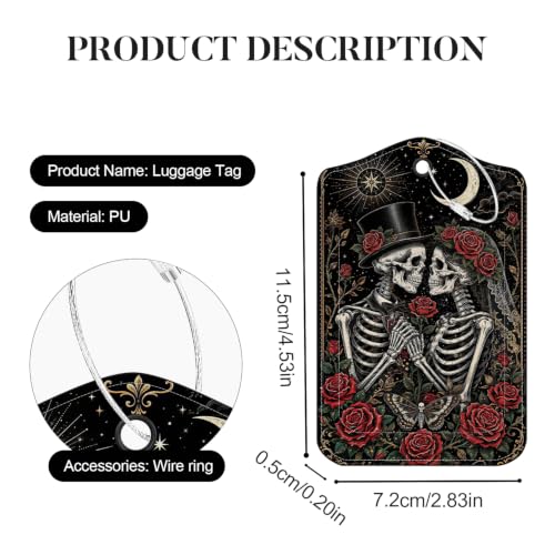 Image of Gothic Skeleton Luggage Tags 2 Pack, PU Leather Privacy Cover
