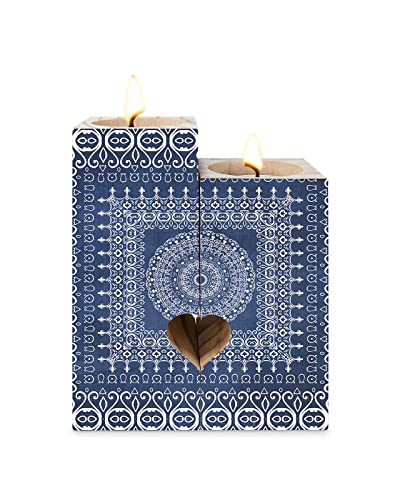 Mandala Floral Wooden Candle Holder- Candlestick Holders With 2 Tealights, Double-Sided Print, Unique Friend Gifts Mom Gifts Sister Gift Friend Gifts For Women, Vintage Blue Geometric Pattern #TOP28