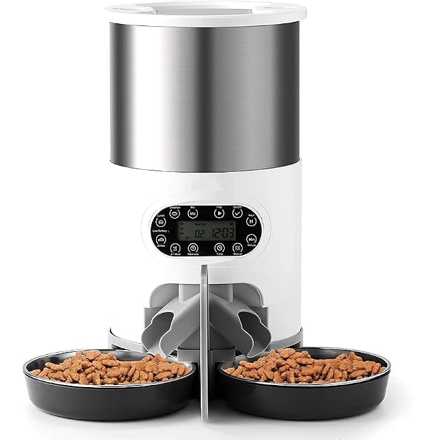 Pet Food Dispenser Automatic Cat Dog Feeder with Smart Control Panel Two-Way Splitter and Double Bowls 10 Seconds