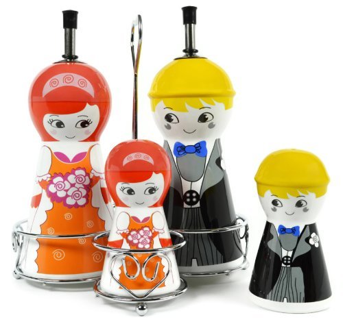 Happy Family Ceramic Oil and Vinegar Dispensers, Salt and Pepper Shakers Cruet Set