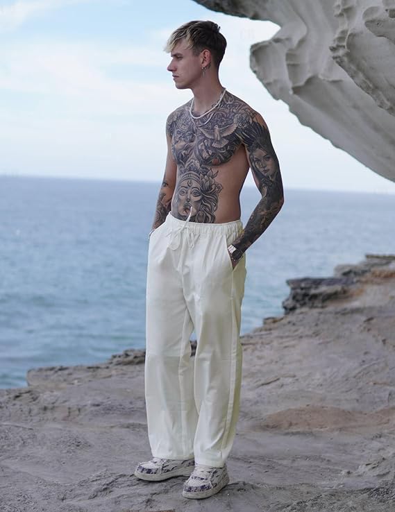 Image of CB-COLEBROOK Mens Casual Linen | Elastic Waist | Drawstring Summer Beach Yoga Linen Trouser | Loose Fit Pyjama Pants for Man