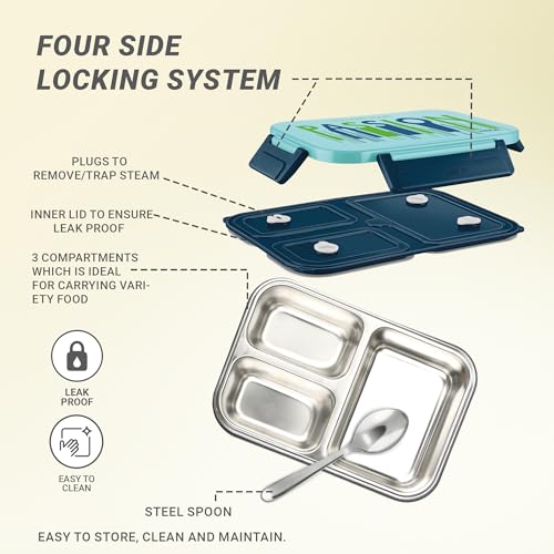 Image of MILTON Meal Safe 3 Inner Stainless Steel Tiffin Box for School with Steam Release Plug | PU Insulated, Leak-Proof, Food Grade I Lunch Box for Kids Boys, Girls with Snap Lock Lid, 630 ml, Dark Blue