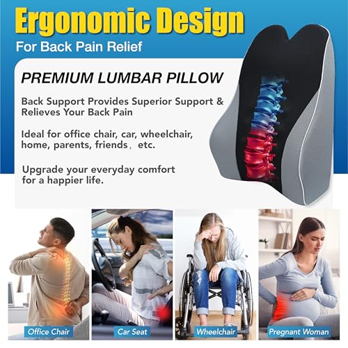 Lofty Aim Lumbar Support Pillow for Office Chair, Ergonomic Memory Foam Lumbar Cushion for Back Pain Relief & Improve Sitting Posture, Back Support for Office Chair, Car, Desk Chair (Black&Gray) - Thumbnail 2