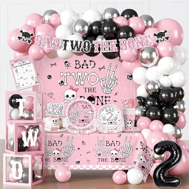 cocomigo 240pcs Bad Two The Bone Party Decorations Girl, Bad Two The Bone Party Decorations with 20pcs Plate Cup Backdrop Balloon Box 2pcs Tablecloth for 2nd Birthday Decorations for Girl