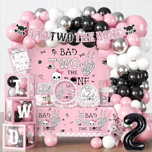 cocomigo 240pcs Bad Two The Bone Party Decorations Girl Bad Two The Bone Party Decorations with 20pcs Plate Cup Backdrop Balloon Box 2pcs Tablecloth for 2nd Birthday Decorations for Girl