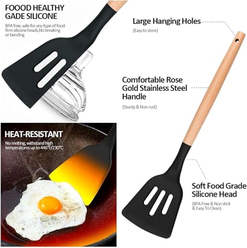 Image of Silicone Spatula Set, Spatula Set with Wooden Handle for Cooking and Mixing, for Non Stick Pan, Kitchen Tools Set of (3, Black)