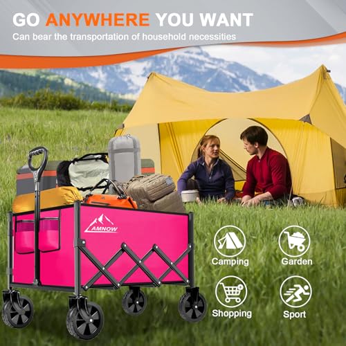 Image of Collapsible Folding Wagon Cart, 350LBS Utility Large Capacity Cart Foldable Wagon with All Terrain Wheels, Grocery Wagons Carts for Garden Shopping Sports Camping, Rose