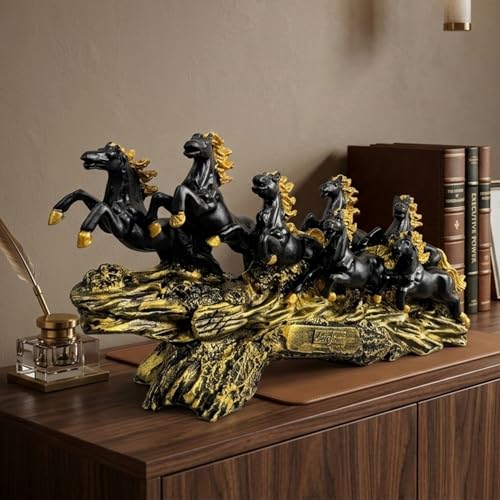 Image of eCraftIndia Golden & Black Resin 7 Running Victory Horse Statue | Vastu Feng Shui Showpiece for Home Decor Office | Horse Figurine Good Luck Gift for Housewarming Birthday