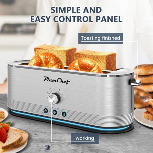 Image of Plum chef 4-Slice Toaster, Extra Wide Long SIot Toaster, 7 Browning Settings,Defrost /Reheat Functions, Removable CrumbTray, Stainless Steel Housing,Anti-Fingerprint & Anti-Jam (Stainless Steel)