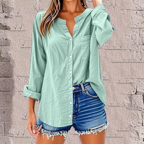 Tunic Tops to Wear with Leggings Casual V Neck Button Down Shirts Loose Long Sleeve Cotton Linen Blouses with Pocket2