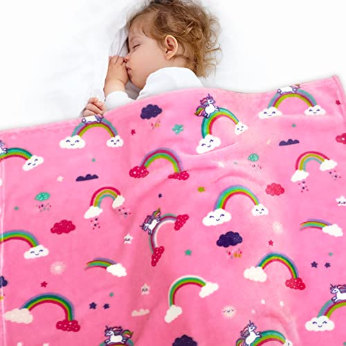 Lukeight Pink Rainbow Toddler Blanket Gifts for Girls, Plush and Thick Girls Unicorns Blanket Birthday Gifts for Toddler and Baby (Rainbow Unicorns, 30x40 Inches)