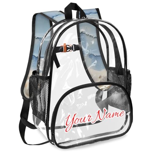 Personalized Small Clear Backpack Stadium Approved Heavy Duty PVC Plastic Custom Transparent Backpacks See Through Bag with Name, Summer Beach Theme2