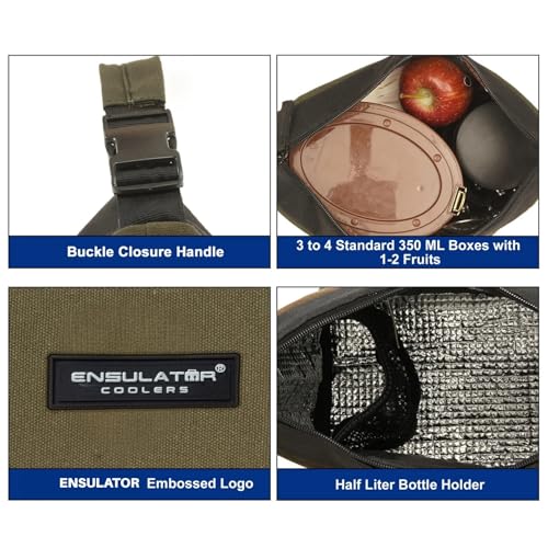 Image of Insulated Lunch Bag Pack of 2 Army Green Brown | Organic Canvas Thermal Tiffin Organizer with Bottle Spoon Holders | Waterproof Lunch Carrier for Office Picnic College Travel