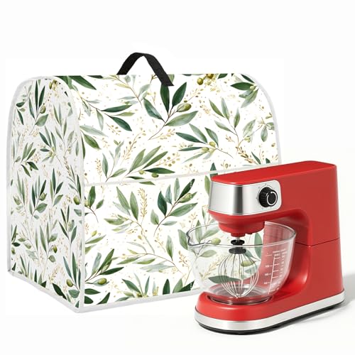 Image of Kitchen Dust Cover Compatible with 4.5 5 6 8 quart Stand Mixer, Kitchen Appliance Protective Covers with Top Handle and Pocket (Green Leaves, For All 6-8 qt Mixer)