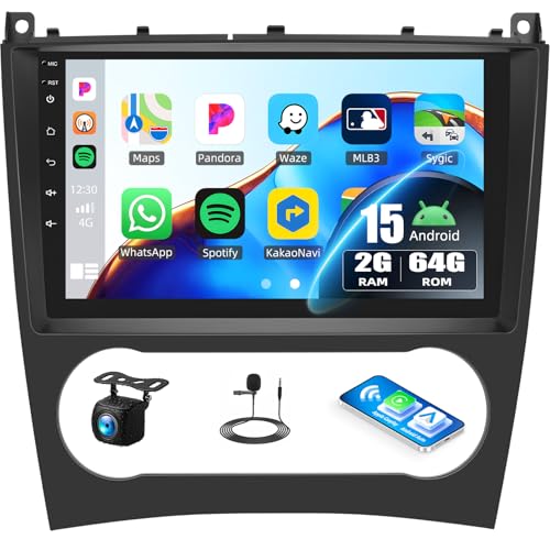 【AUTORADIO ANDROID 15 9 POLLICI AD ALTA DEFINIZIONE】Trasforma la tua Mercedes Benz Classe C W203 W209 C180 C200 2005-2009 con questa autoradio Android 15 all'avanguardia! Touchscreen capacitivo da 9 pollici in vetro temperato 2.5D che offre una nitidezza e una reattività eccezionali. Con il suo processore quad-core da 1,3 GHz, 2 GB di RAM e 64 GB di memoria, goditi un'esperienza multimediale fluida. Carplay W203 e Android Auto ti consentono di rimanere connesso in tutta sicurezza. Navigatore GPS integrato, telecamera posteriore inclusa e sistema audio 4x45W con equalizzatore configurabile completano questa installazione di alta gamma