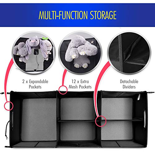 GEEDAR Large Trunk Organizer Car Organizers and Storage for SUV 3 Compartments Collapsible Portable Non-Slip Bottom Tie Down Straps (Gray)