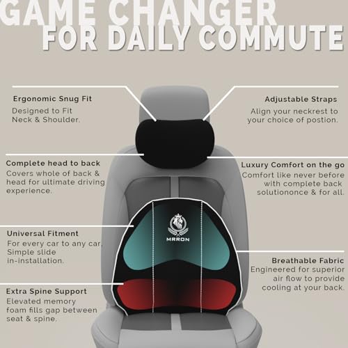 Image of MRRON Series Memory Foam Neck Rest & Lumbar Support for Car or Office Chair, Neck Pillow Kit Designed Ergonomically for Extra Support (Black, Spine Support)